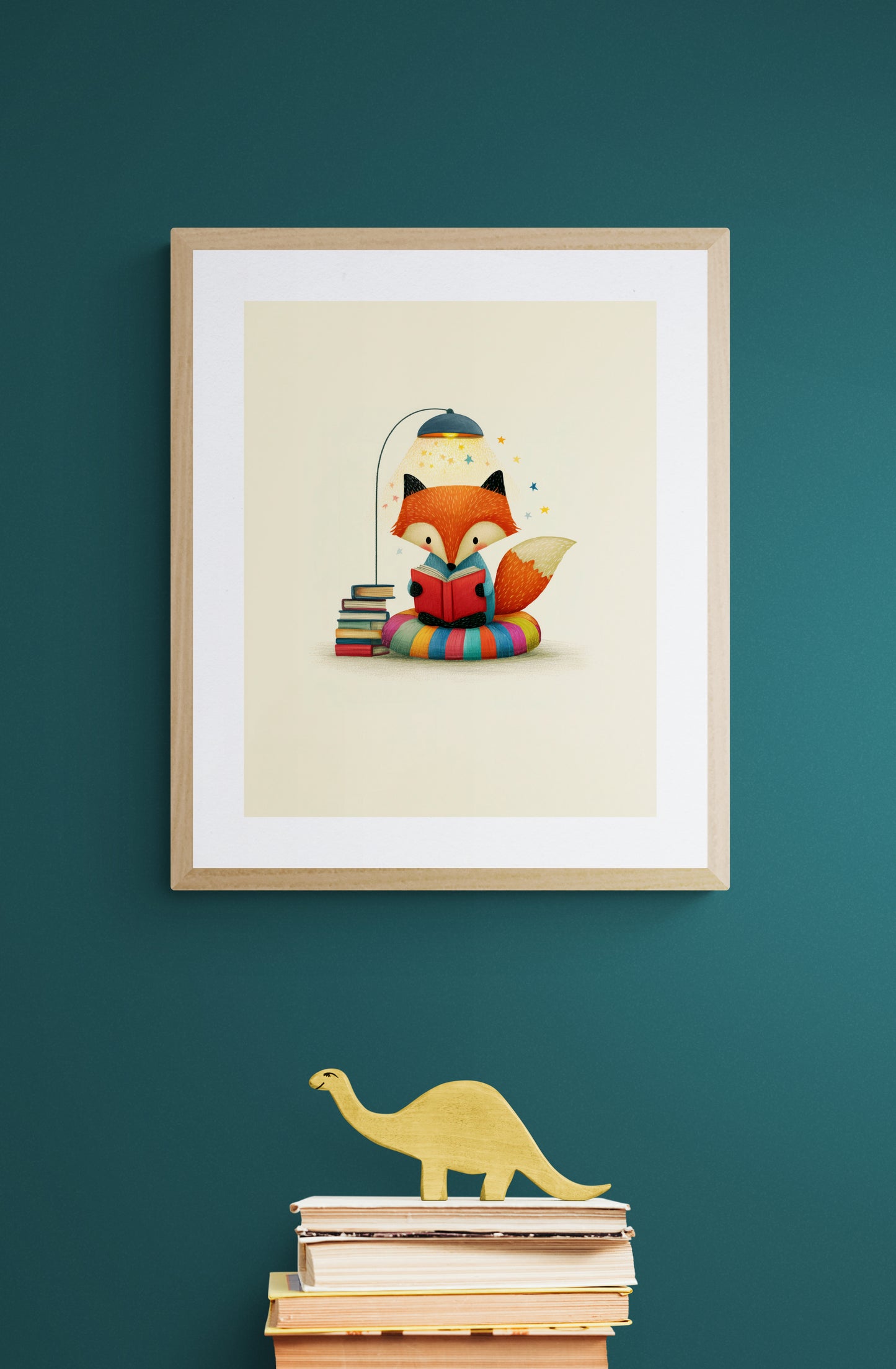 Reading Fox Under Cozy Lamp Whimsical Animal Illustration for Nursery and Kids Room