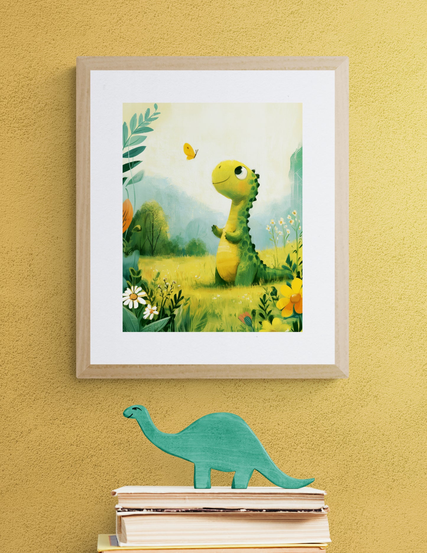 Whimsical Baby Dinosaur and Butterfly in a Sunny Meadow – Playful Green and Yellow Illustrative Nursery Wall Art Print