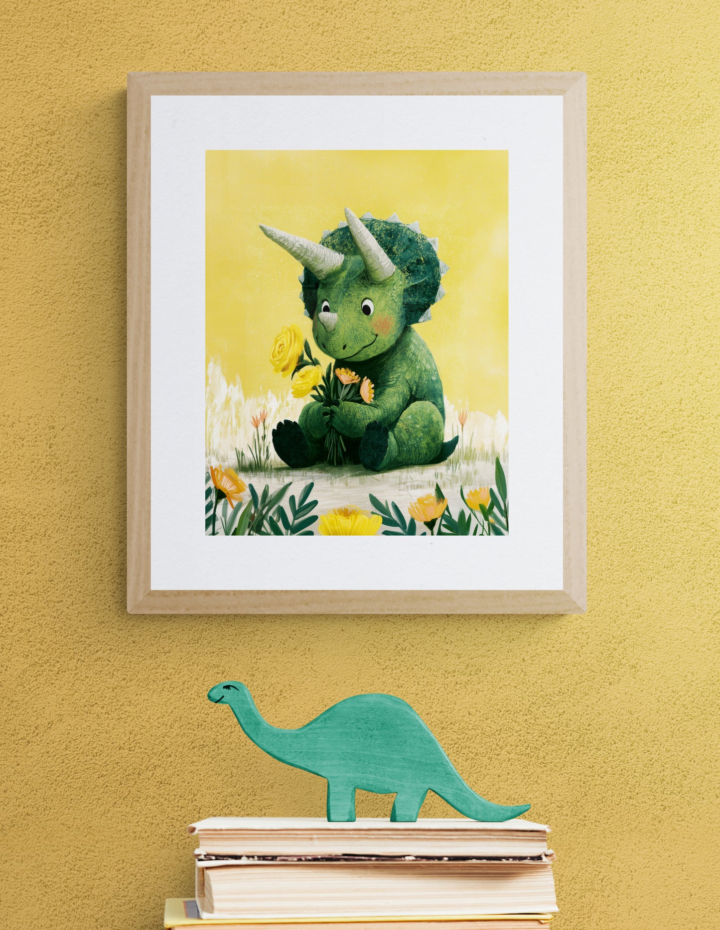 Sweet Green Dinosaur with Yellow Flowers – Whimsical Nursery Illustration on Sunny Yellow Background