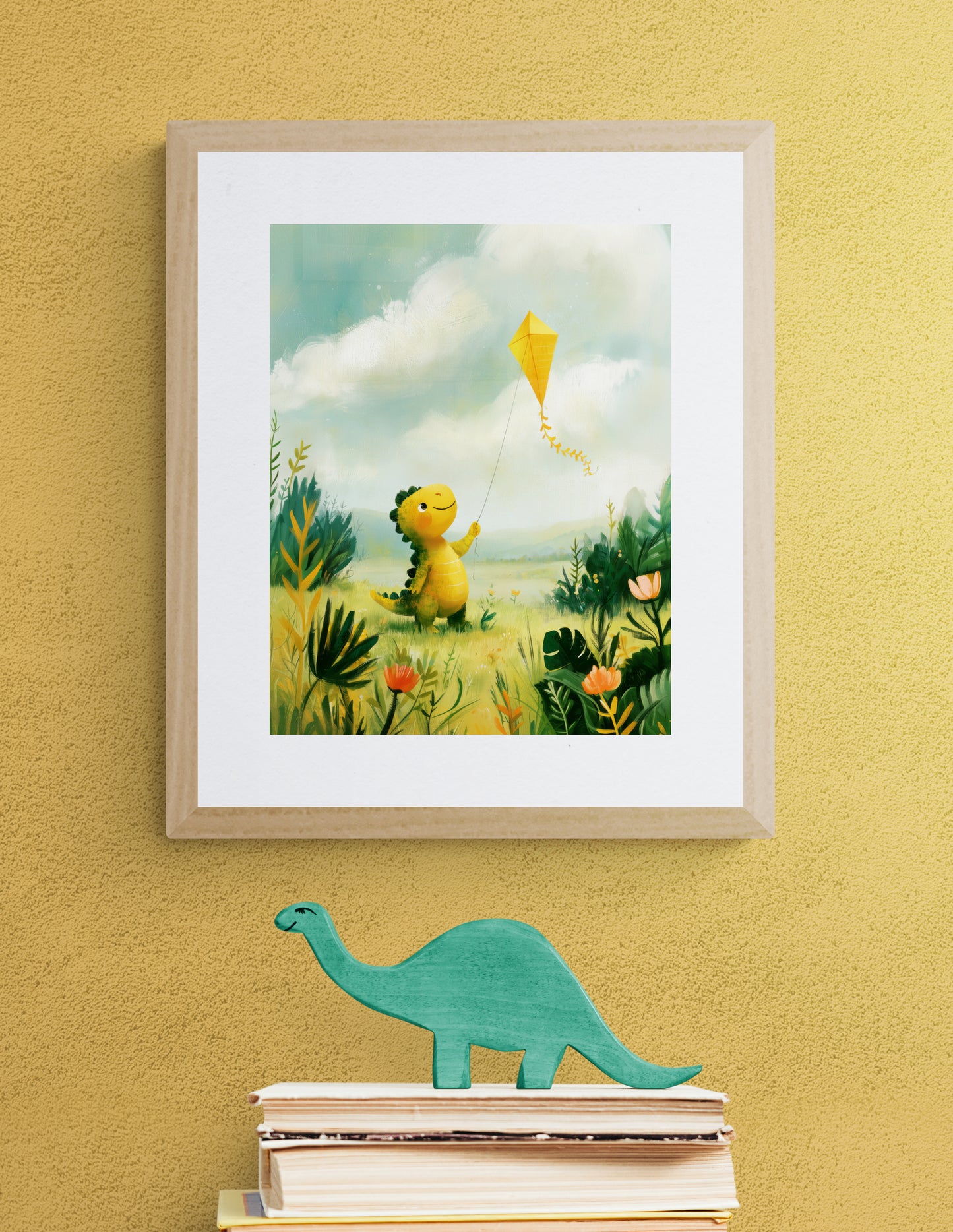 Playful Dinosaur Flying a Yellow Kite in a Sunny Meadow – Whimsical Illustrative Nursery Wall Art